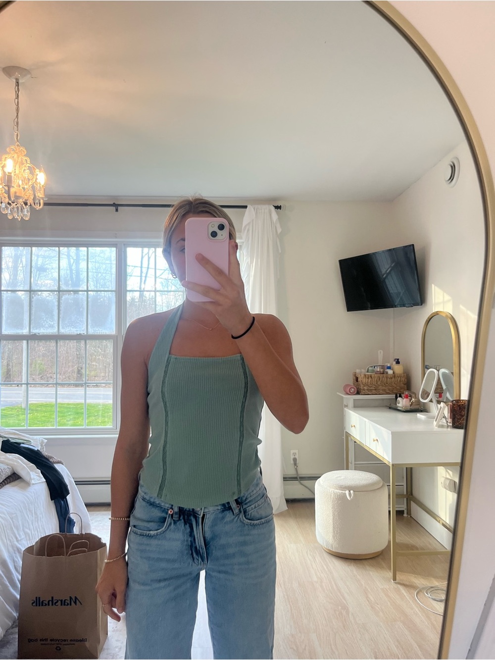 American Eagle Outfitters Sage Green Ribbed Halter Tank